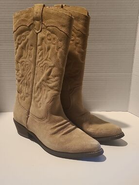 Aldo Tan Suede Embroidered Western Heeled Boots